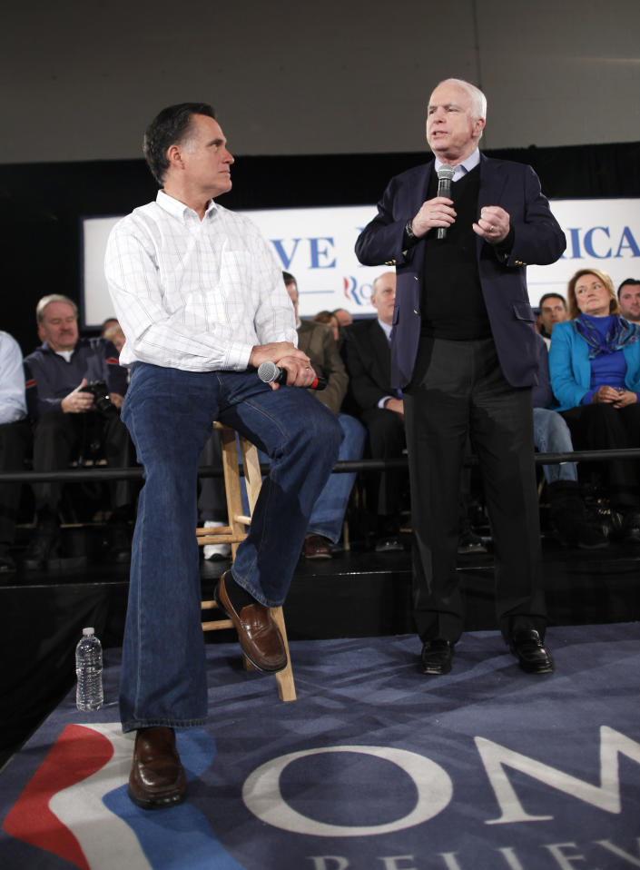<b>Mitt Romney: mom jeans</b> Republican candidate for president Mitt Romney has become so known for his high-waisted, loose-legged look that the "mom jean Mitt meme" was born. He has even been accused of flip-flopping on the issue after his wife, Ann, reportedly began forcing him into a straighter-leg cut. (AP Photo/Charles Dharapak)