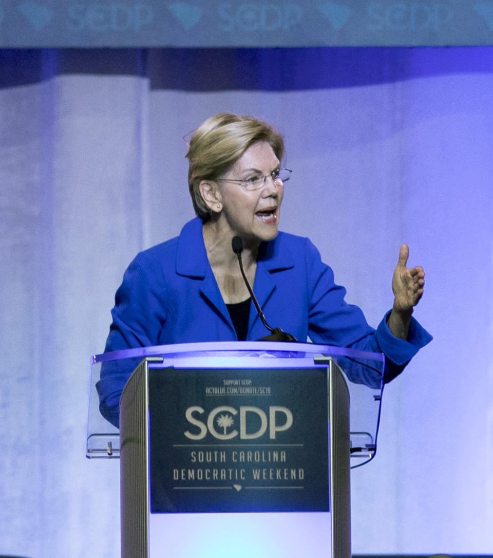 Democratic presidential candidate Elizabeth Warren speaks during the South Carolina Democratic Convention, Saturday, June 22, 2019 in Columbia, S.C.. (AP Photo/Meg Kinnard)