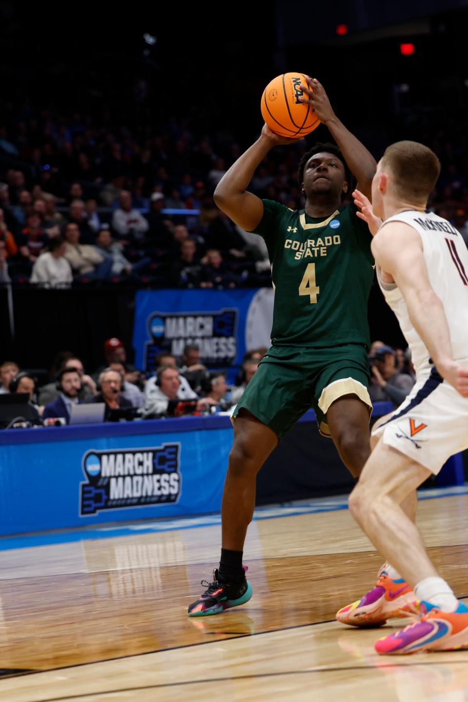 Colorado State Rams guard Isaiah Stevens shoots the ball in the second half against the Virginia Cavaliers at UD Arena in Dayton, Ohio on Tuesday.