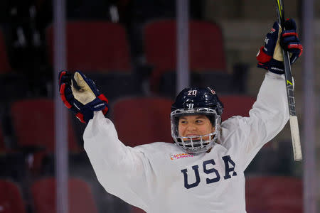 U.S. women's ice hockey team player Hannah Brandt reacts after scoring a goal during a team practice in Boston, Massachusetts, U.S., October 25, 2017. REUTERS/Brian Snyder