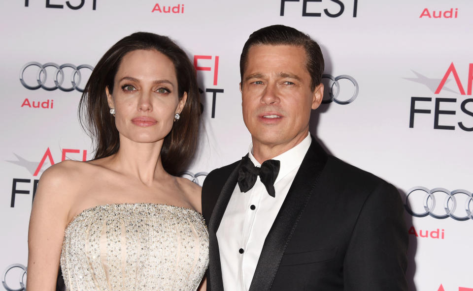 HOLLYWOOD, CA - NOVEMBER 05:  Writer-director-producer-actress Angelina Jolie Pitt (L) and actor-producer Brad Pitt arrive at the AFI FEST 2015 presented by Audi Opening Night Gala Premiere of Universal Pictures' 'By The Sea' at TCL Chinese 6 Theatres on November 5, 2015 in Hollywood, California.(Photo by Jeffrey Mayer/WireImage)