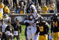 Texas A&M wide receiver Ainias Smith, top is hoisted in the air after scoring a touchdown during the second quarter of an NCAA college football game against Missouri, Saturday, Oct. 16, 2021, in Columbia, Mo. (AP Photo/L.G. Patterson)