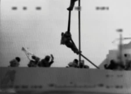 An Israeli marine is dropped from a helicopter onto the Gaza-bound ship Mavi Marmara in this frame grab from video released May 31, 2010 by the Israel Defence Forces (IDF). REUTERS/Handout/IDF via Reuters TV/File Photo