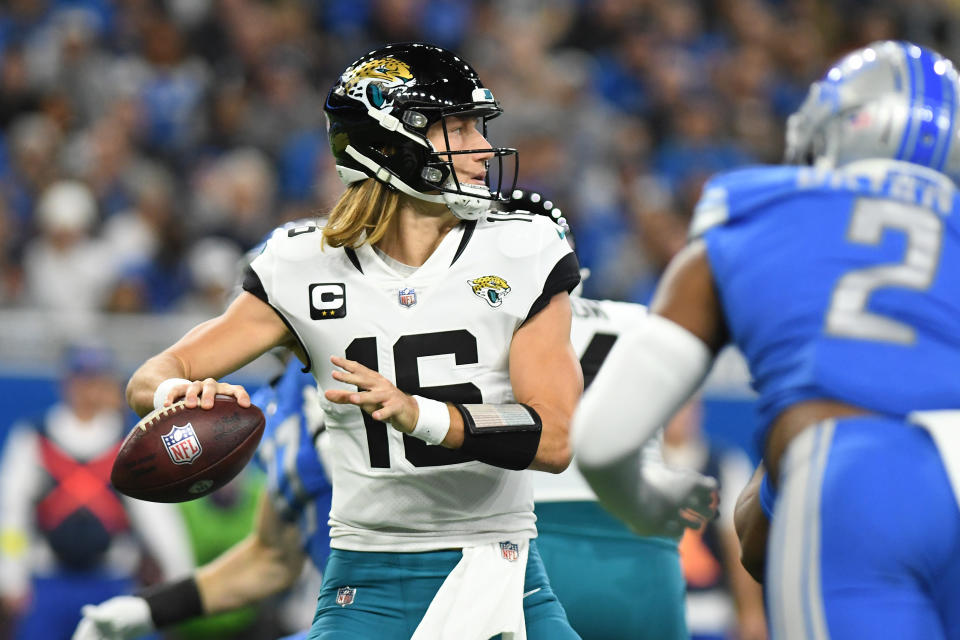 Dec 4, 2022; Detroit, Michigan, USA; Jacksonville Jaguars quarterback Trevor Lawrence (16) throws a pass against the <a class="link " href="https://sports.yahoo.com/nfl/teams/detroit/" data-i13n="sec:content-canvas;subsec:anchor_text;elm:context_link" data-ylk="slk:Detroit Lions;sec:content-canvas;subsec:anchor_text;elm:context_link;itc:0">Detroit Lions</a> in the second quarter at Ford Field. Mandatory Credit: Lon Horwedel-USA TODAY Sports