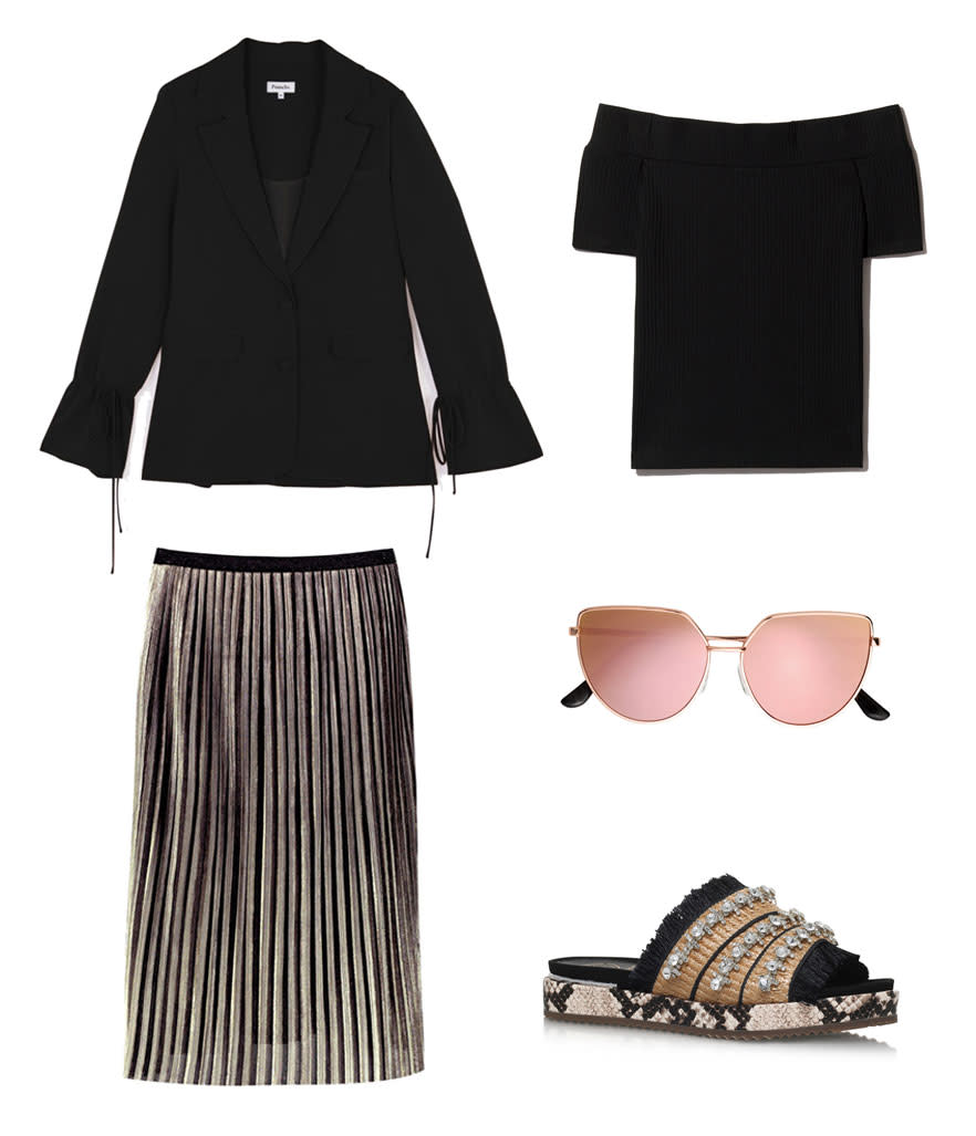 <p>You can capture Palermo’s look by opting for a similar gold metallic maxi skirt, black top, and blazer that you might already wear to work. Add in statement accessories and you’re good to go. </p>