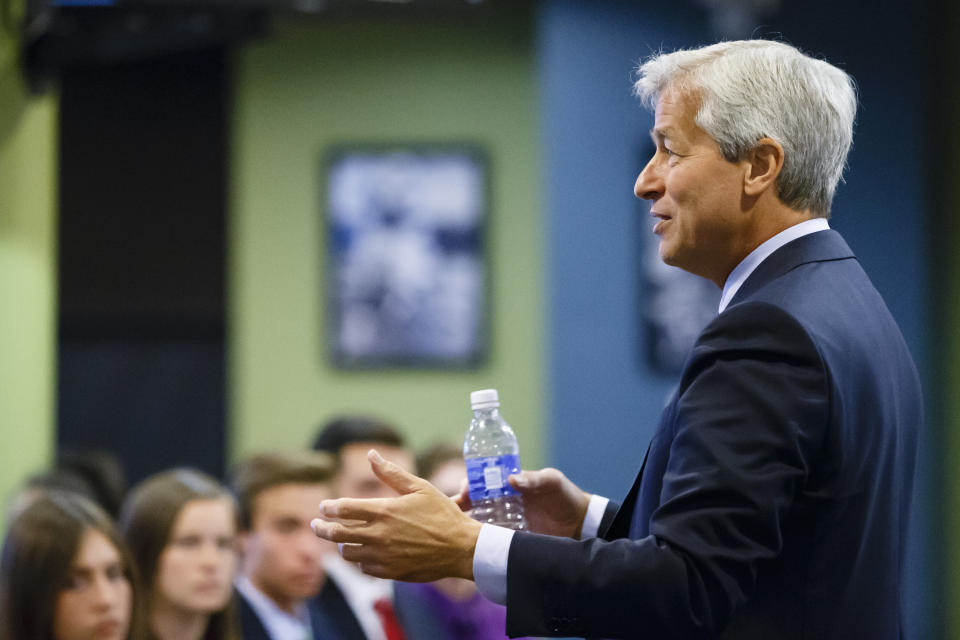 JPMorgan Chase Chairman and CEO Jamie Dimon is talking with students during a Detroit Economic Club event at Ford Field on Thursday, September 17, 2015 in Detroit. (Photo by Rick Osentoski/AP Images for JPMorgan & Chase Co.)