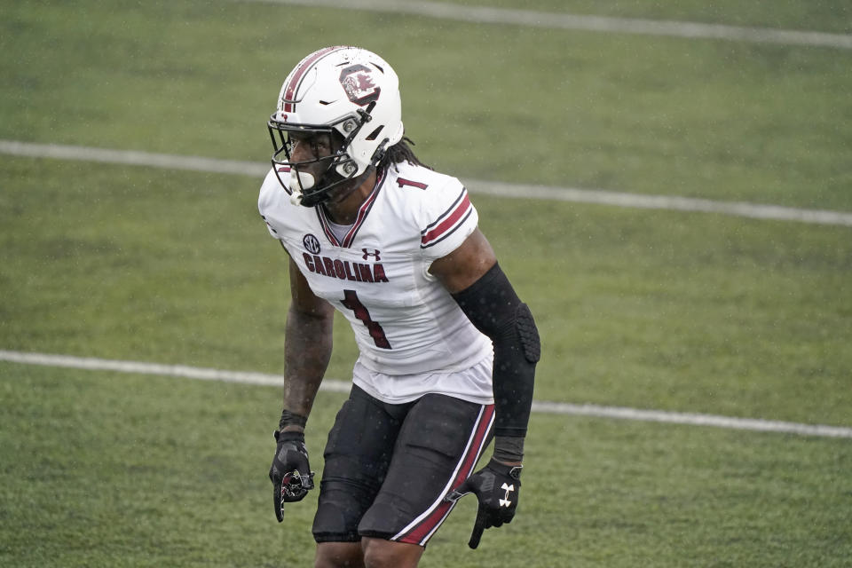 FILE - In this Oct. 10, 2020, file photo, South Carolina defensive back Jaycee Horn plays against Vanderbilt in the second half of an NCAA college football game in Nashville, Tenn. The Arizona Cardinals pick at No. 16 in the upcoming NFL draft and seem likely to target a defensive player, particularly a cornerback. There could be several opportunities to add one depending on how the picks shake out: Alabama's Patrick Surtain II, South Carolina's Horn and Virginia Tech's Caleb Farley. (AP Photo/Mark Humphrey, File)