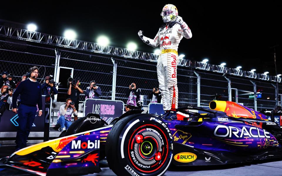 Max Verstappen celebrates his victory in the 2023 Las Vegas Grand Prix