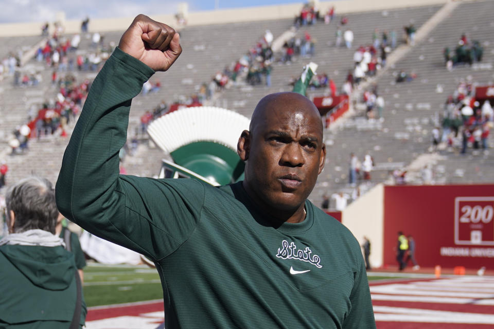 Michigan State head coach Mel Tucker reacts as he leaves the field following an NCAA college football game against Indiana, Saturday, Oct. 16, 2021, in Bloomington, Ind. Michigan State won 20-15. (AP Photo/Darron Cummings)