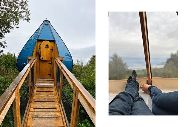 <p>William Craig Moyes</p> From left: The author at an Ôasis campsite in Forillon National Park, on Canada's Gaspé Peninsula; the view from inside one of the five Ôasis cabins.