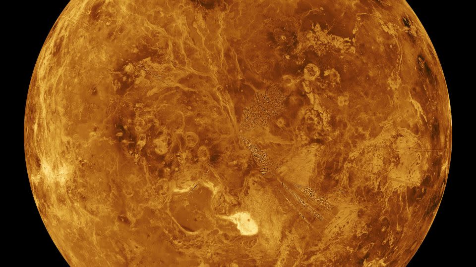 The northern hemisphere of Venus appears in this global view of the planet's surface as seen by NASA's Magellan spacecraft in an image created in 1996. - NASA/JPL