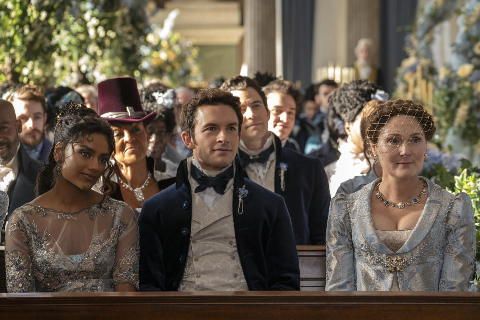 Bridgerton. (L to R) Simone Ashley as Kate Sharma, Adjoa Andoh as Lady Agatha Danbury, Jonathan Bailey as Anthony Bridgerton, Luke Thompson as Benedict Bridgerton, Ruth Gemmell as Lady Violet Bridgerton in episode 307 of Bridgerton. Cr. Liam Daniel/Netflix © 2024