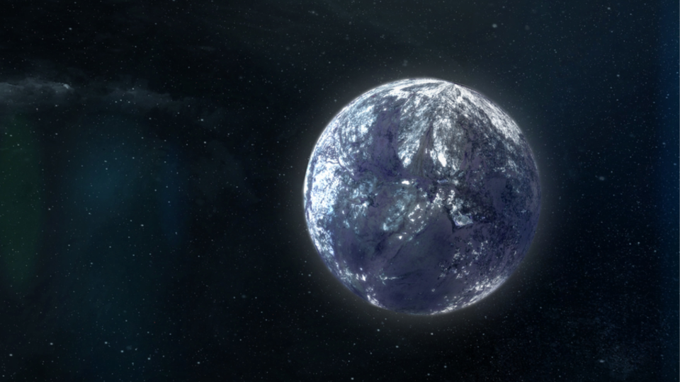 An icy-looking planet all by itself in space.