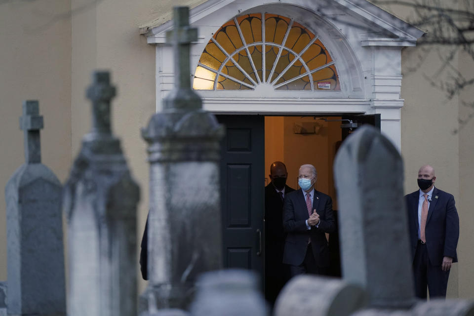 Joe Biden departs the St. Joseph on the Brandywine Catholic Church on Saturday in Wilmington, Delaware. (Photo: Matt Slocum/Associated Press)