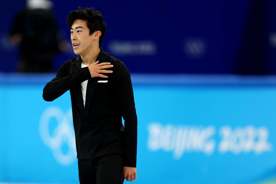 U.S. figure skater Nathan Chen reacts after the men's short program team event at the 2022 Winter Olympic Games at Capital Indoor Stadium on February 04, 2022 in Beijing, China. (Elsa/Getty Images)