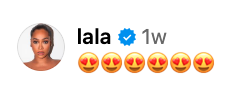 Profile picture of a person next to a verified badge, username "lala", timestamp "1w", with fire emojis