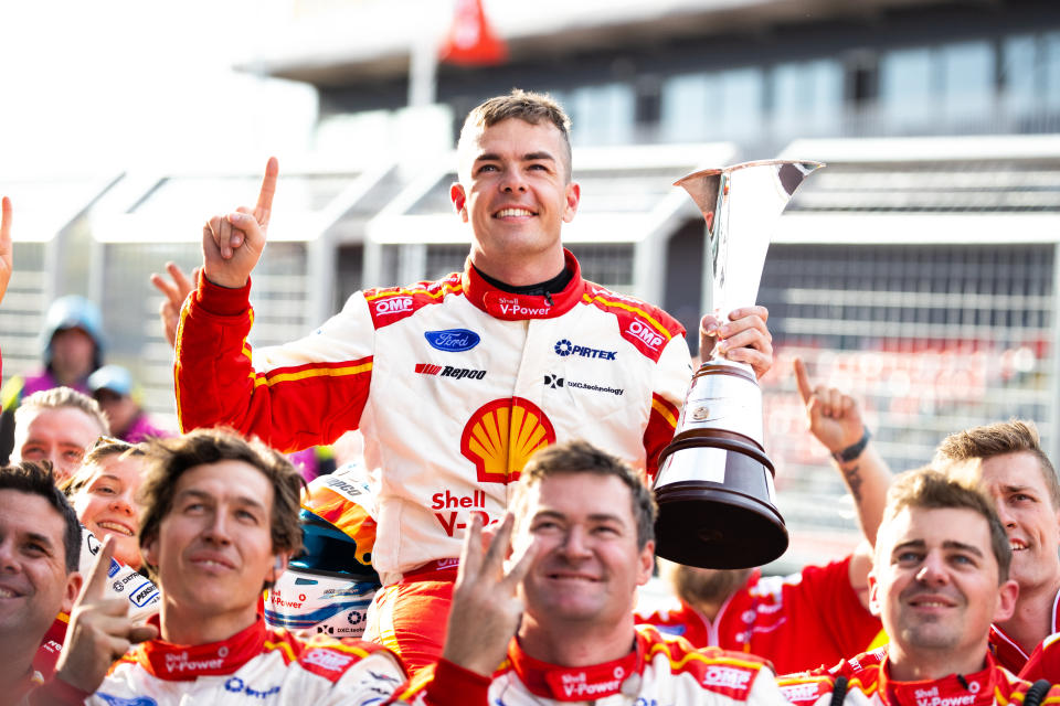 Scott McLaughlin celebrates during the Bathurst 1000 at Mount Panorama on October 18, 2020 in Bathurst, Australia.