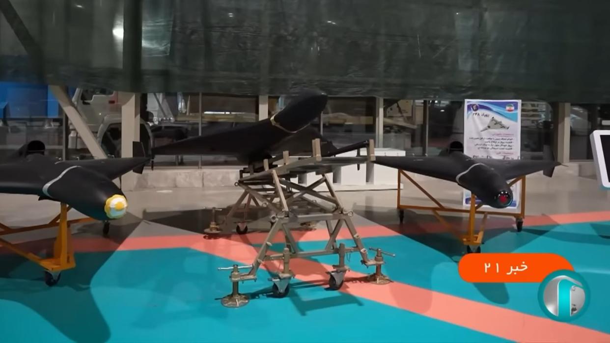 three different variants of shahed 238 jet powered kamikaze drones on display in tehran