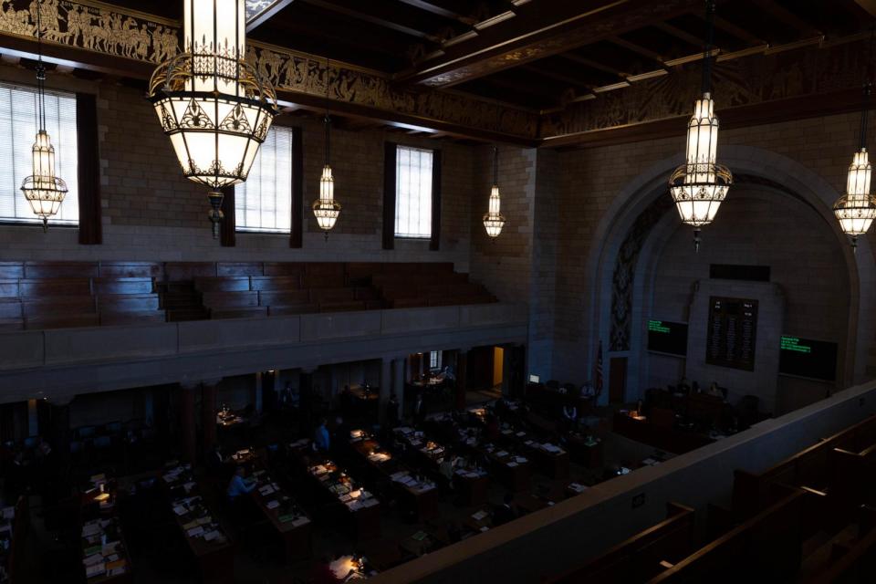 PHOTO: State senators gather for debate on the Legislative floor of the Nebraska State Capitol in Lincoln, Neb., May 4, 2023.  (Rebecca S. Gratz for The Washington Post via Getty Images)
