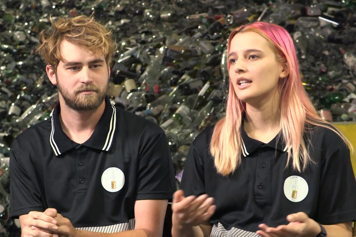 Max Steitz and Franziska Trautmann, partners in a New Orleans recycling plant called Glass Half Full. (NBC News)