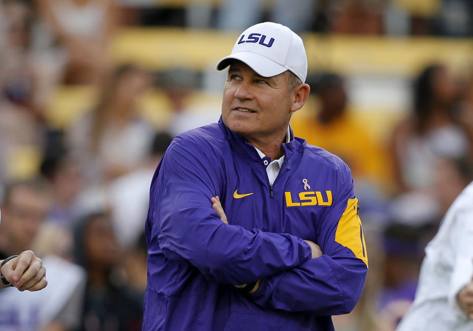 FILE - LSU coach Les Miles watches his team warm up before an NCAA college football game against Florida in Baton Rouge, La., Oct. 17, 2015. Former LSU coach Les Miles is suing the university over its decision to vacate 37 victories between 2012 and 2015. The lawsuit filed Monday, June 17, 2024, in federal court in Baton Rouge alleges that LSU never gave Miles a chance to be heard before altering his career record in a way that disqualified him from being considered for induction into the College Football Hall of Fame.(AP Photo/Gerald Herbert, File)