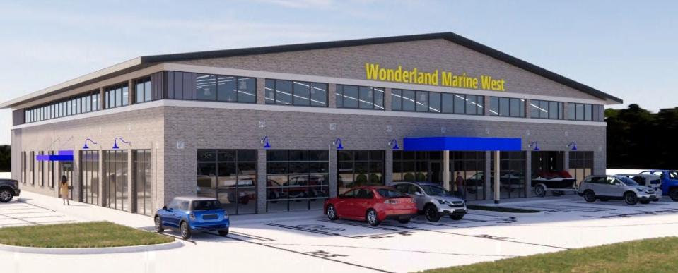 An architectural rendering shows plans for a new boat showroom for Wonderland Marine West in Genoa Township.