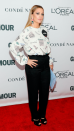 <p> Barrymore put her most stylish foot forward at Glamour's Women Of The Year Awards in New York in 2017. The star wore a long-sleeved embroidered white blouse from her own fashion line Dear Drew, along with a pair of classic black trousers and black platform heels. She finished off the head-turning ensemble with dramatic eye makeup, colourful statement earrings and a baby blue clutch bag. </p> <p> <br> </p>
