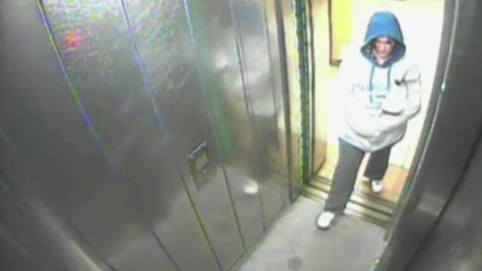 CCTV image of Sarah Sands entering a lift after leaving Pleasted's flat