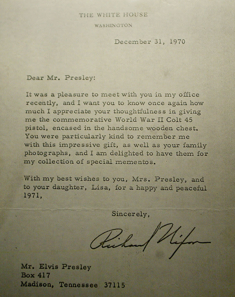 A letter to Elvis that thanks him for his thoughtful gift of a Colt 45 handgun; the letter is signed by Richard Nixon