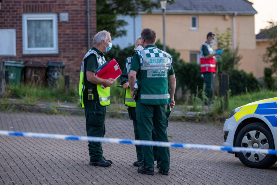 Emergency services on the the scene following a shooting in Keyham. Source: William Dax/Getty