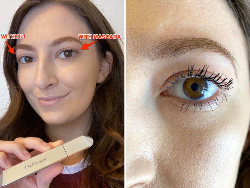 Reporter Amanda Krause tries the REM Beauty mascara (left), a close-up shot of the mascara on eyelashes (right).