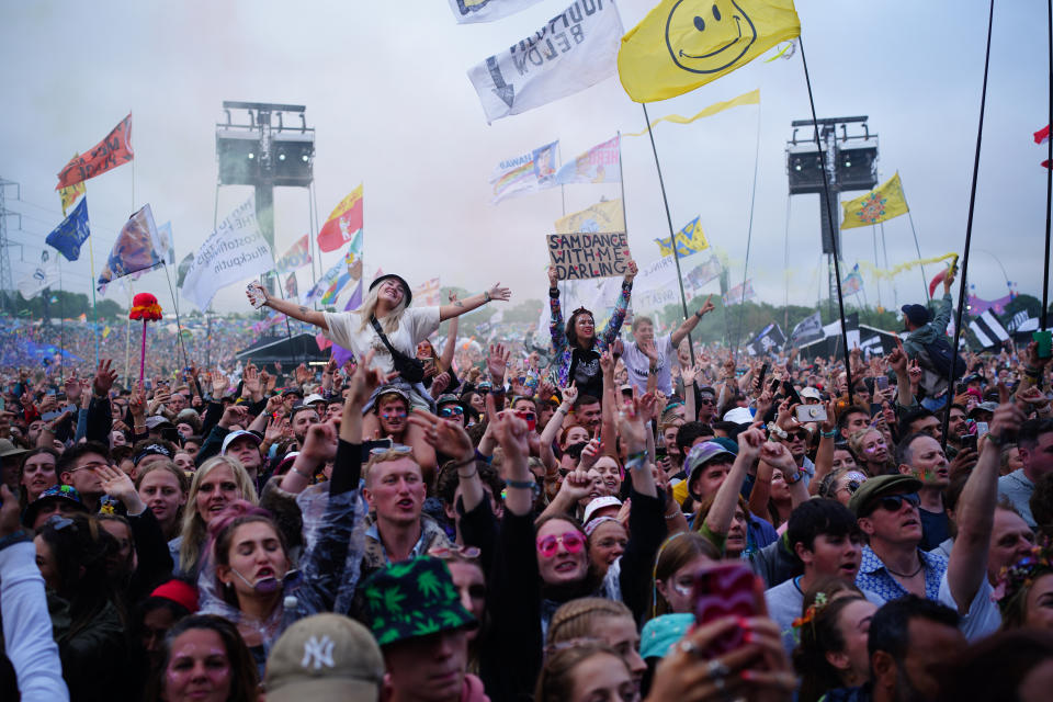 The crowd watching Sam Fender performing on the Pyramid Stage at the Glastonbury Festival at Worthy Farm in Somerset. Picture date: Friday June 24, 2022.