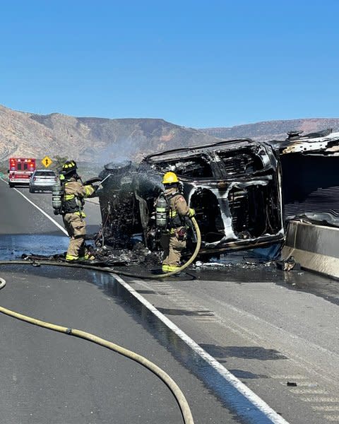 Officials with Hurricane Valley Fire & Rescue responded to a car crash on Tuesday afternoon that left one car in flames. Officials said there were two occupants, but both were able to get out of the car on their own and all patients at the scene refused transportation to the hospital. (Hurricane Valley Fire & Rescue)