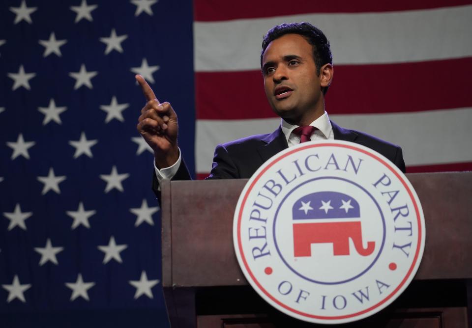 Republican presidential candidate hopeful Vivek Ramaswamy speaks during the Lincoln Dinner on Friday, July 28, 2023, at the Iowa Events Center in Des Moines.