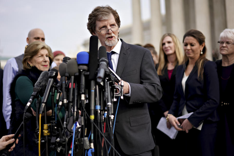 Jack Phillips (center), the&nbsp;owner of Masterpiece Cakeshop, speaks to members of the media in Washington, D.C., on Dec. 5, 2017. The Supreme Court&nbsp;is reviewing a case involving Phillips, who&nbsp;refuses to make cakes for same-sex weddings. The state has ordered him to either make cakes for gay weddings or stop making wedding cakes at all. (Photo: Bloomberg via Getty Images)