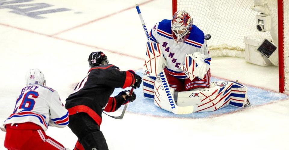 Carolina Hurricanes center Sebastian Aho (20) scores on New York Rangers goaltender Igor Shesterkin (31) to take a 3-1 lead in the second period during Game 6 in the second round of the 2024 Stanley Cup playoffs on Thursday, May 16, 2024 at PNC Arena in Raleigh N.C.