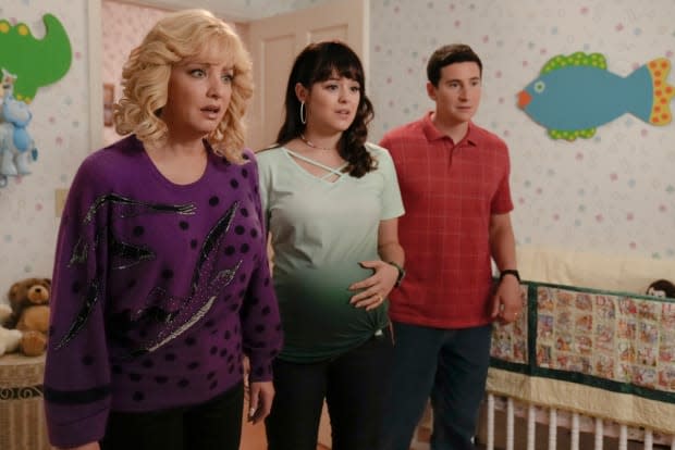 Wendy McLendon-Covey as Beverly Goldberg with her TV daughter, Erica (Hayley Orrantia and son-in-law, Geoff, (Sam Lerner) in "The Goldbergs"<p>ABC</p>