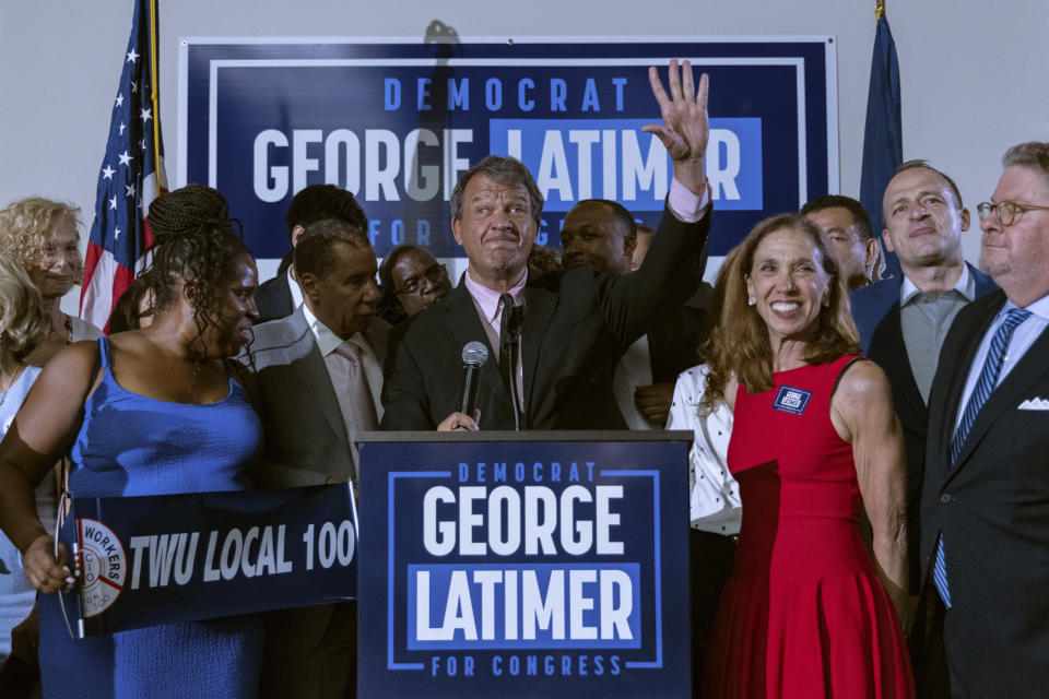 Westchester County Executive George Latimer speaks at his election night party in White Plains, N.Y., Tuesday, June 25, 2024. (AP Photo/Jeenah Moon)