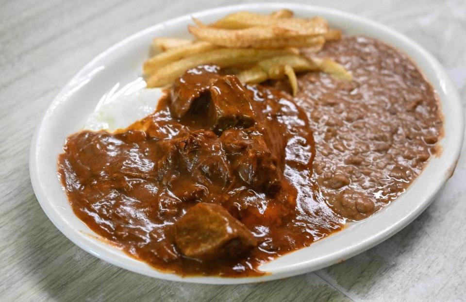 A chile Colorado dish made with housemade fries and eggs features Margaret Sifuentes’ secret recipe at Cuca’s Mexican restaurant in Fresno’s Chinatown.