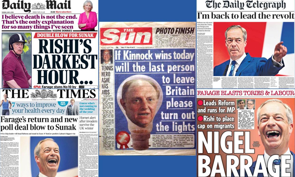 <span>Clockwise from top left: Tuesday’s Daily Mail; the Sun in 1992; last week’s Farage-focused Daily Telegraph, Sun and Times.</span><span>Composite: Daily Mail/The Sun/The Daily Telegraph/The Times</span>