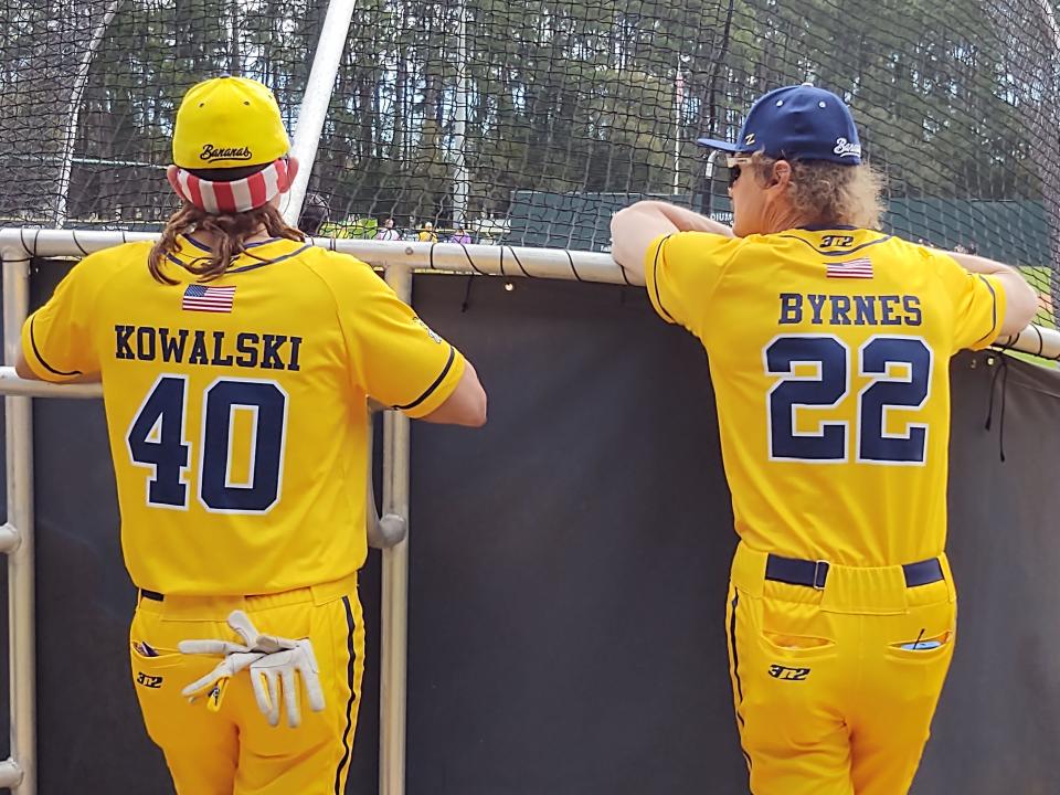 Savannah Bananas Premier Team first-year head coach Eric Byrnes and bench coach Kowalski watch prospects bat during tryouts Saturday at Grayson Stadium.