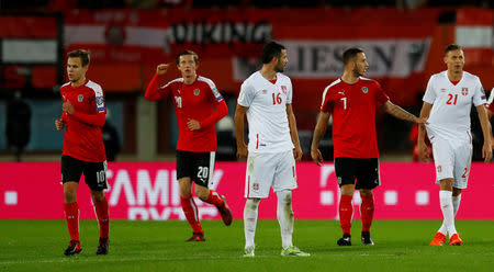 Soccer Football - 2018 World Cup Qualifications - Europe - Austria vs Serbia - Ernst Happel Stadion, Vienna, Austria - October 6, 2017 Austria’s Louis Schaub celebrates scoring their third goal REUTERS/Leonhard Foeger