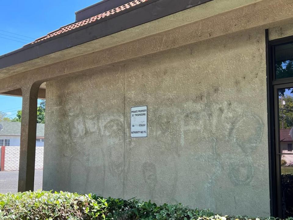 Graffiti has been painted over on this privately owned building on West Roseburg Avenue in northwest Modesto on Tuesday, April 16.