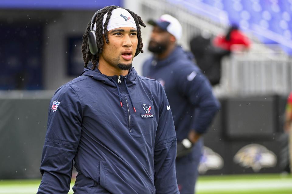 Houston Texans quarterback C.J. Stroud on the field before the game against the Baltimore Ravens