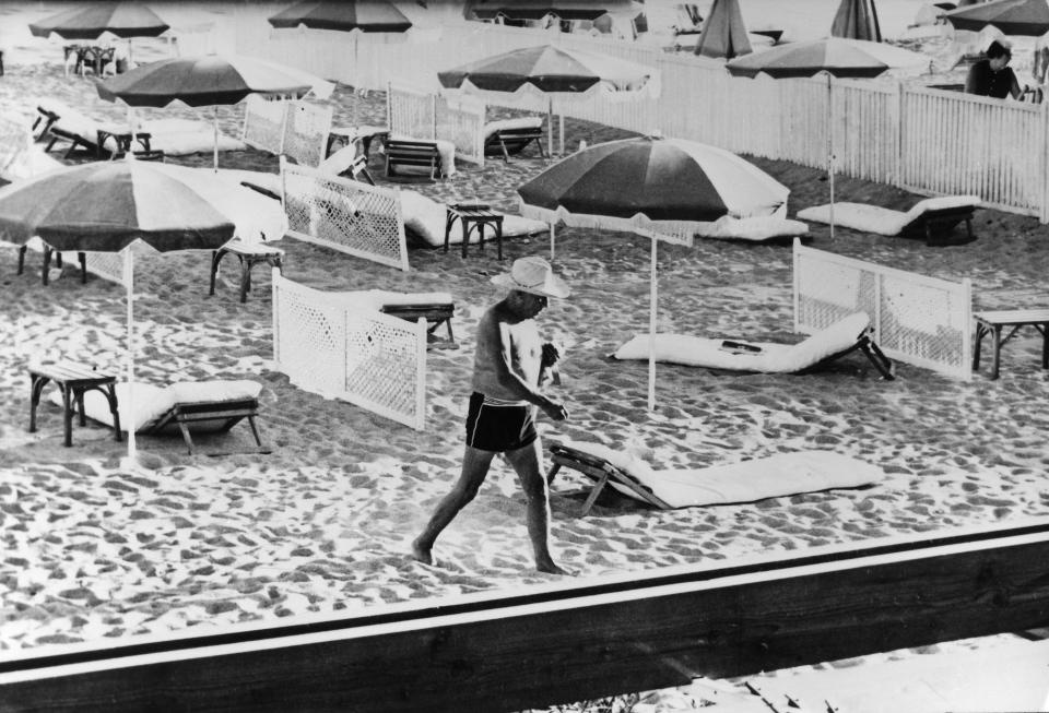 Pablo Picasso on the beach circa 1955.