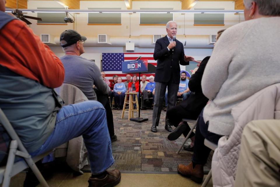 Joe Biden speaks during a stop on his “No Malarkey!” campaign in Algona, Iowa.