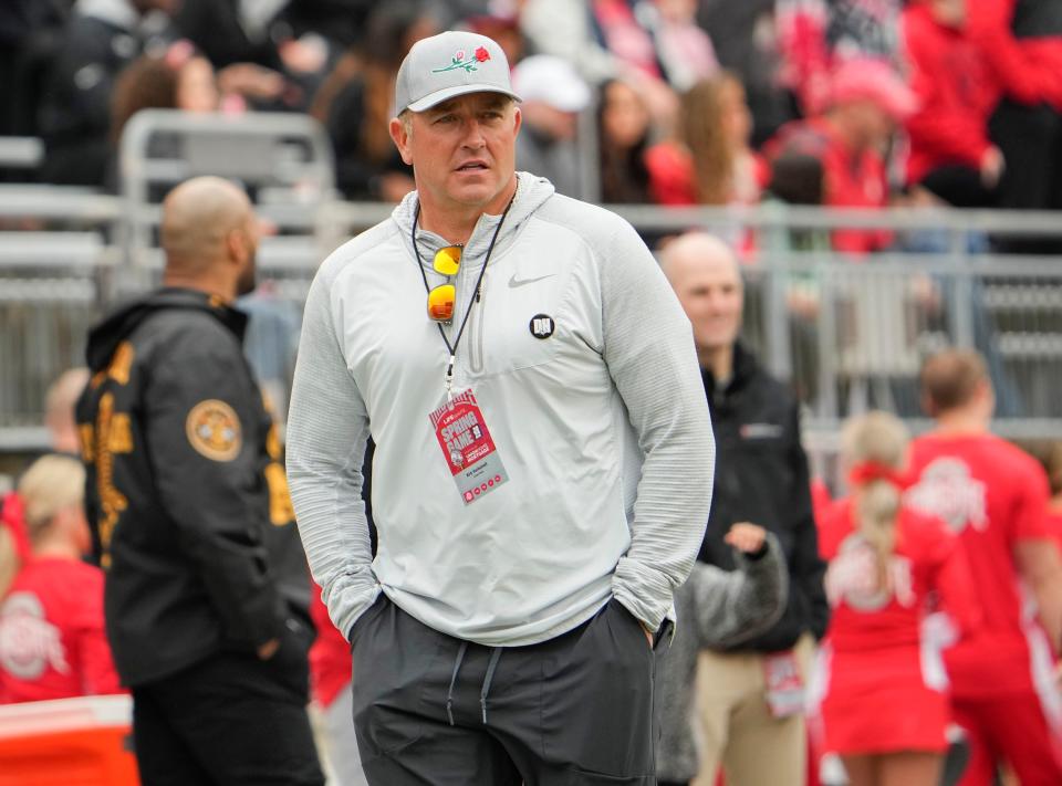 Kirk Herbstreit watches the Ohio State Buckeyes spring football game at Ohio Stadium in Columbus on April 16, 2022.