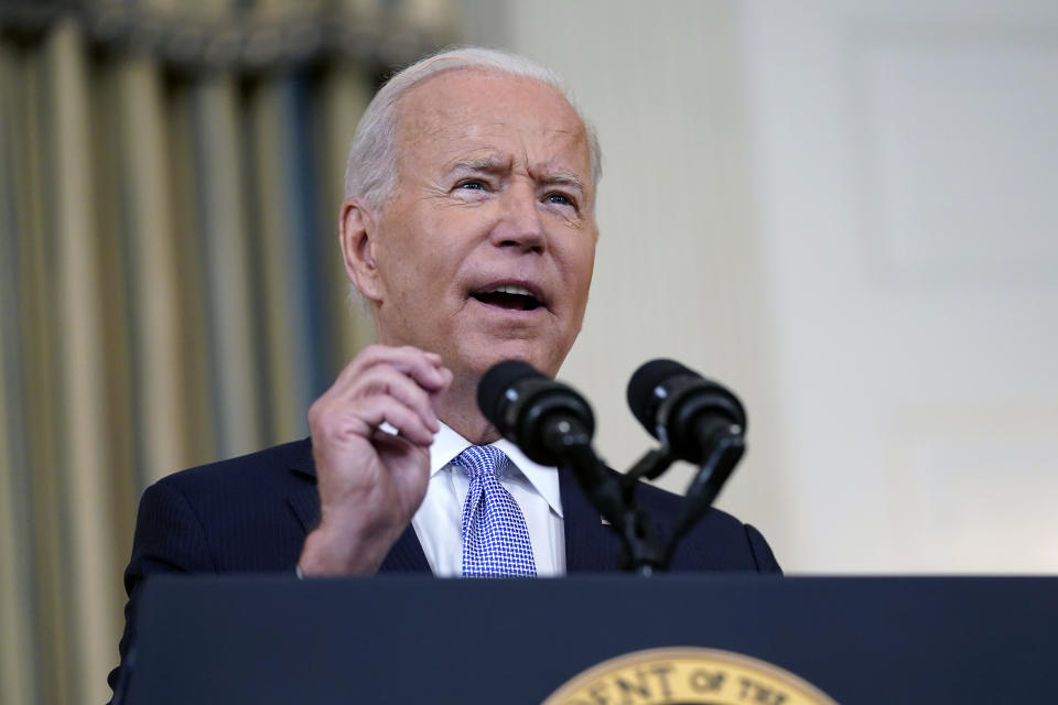 President Joe Biden speaks about the COVID-19 response and vaccinations in the State Dining Room of the White House, Friday, Sept. 24, 2021, in Washington. (AP Photo/Patrick Semansky)