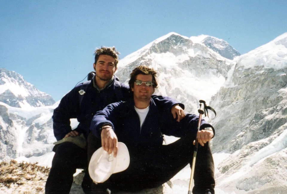 Undated photo of Michael Matthews, 22, (L), who is missing presumed dead after becoming the youngest Briton to conquer Mount Everest, with friend Jamie Everet in front of the summit of Everest. He disappeared as bad weather closed in on the south summit 13/5/99.   (Photo by PA Images via Getty Images)