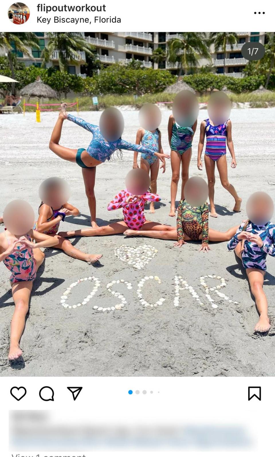 Screenshot of an Instagram post from Flipout Workout. Gymnastics students are pictured at the beach during a beach workout with Oscar Olea.